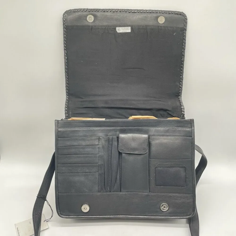 B-Bags Barganza Leather Messenger Bag Black Briefcase 8737W NWT 13x9.5x5